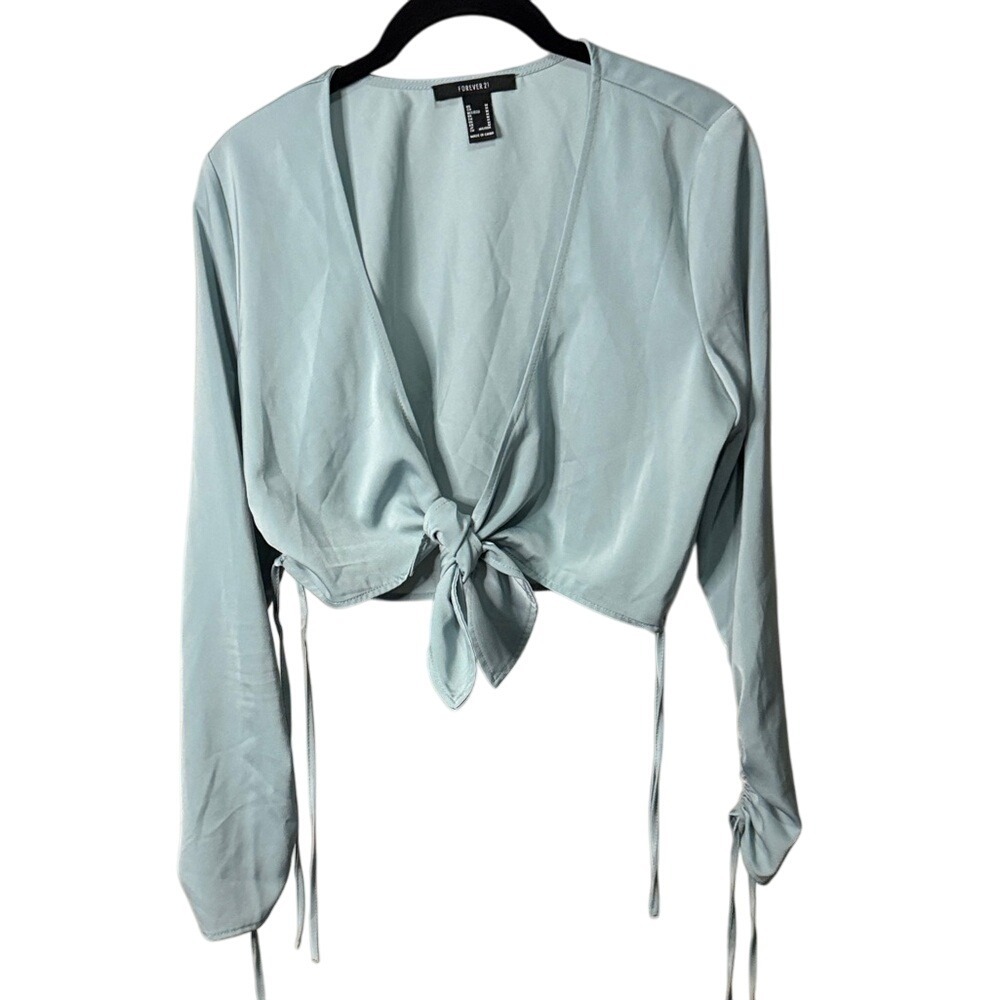 Forever 21 Light Blue Tie-Front Long Sleeve Crop Blouse